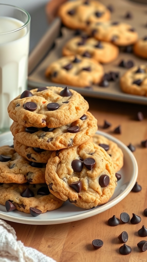 A tempting stack of warm chocolate chip cookies on a plate with a glass of milk, showcasing their gooey texture.